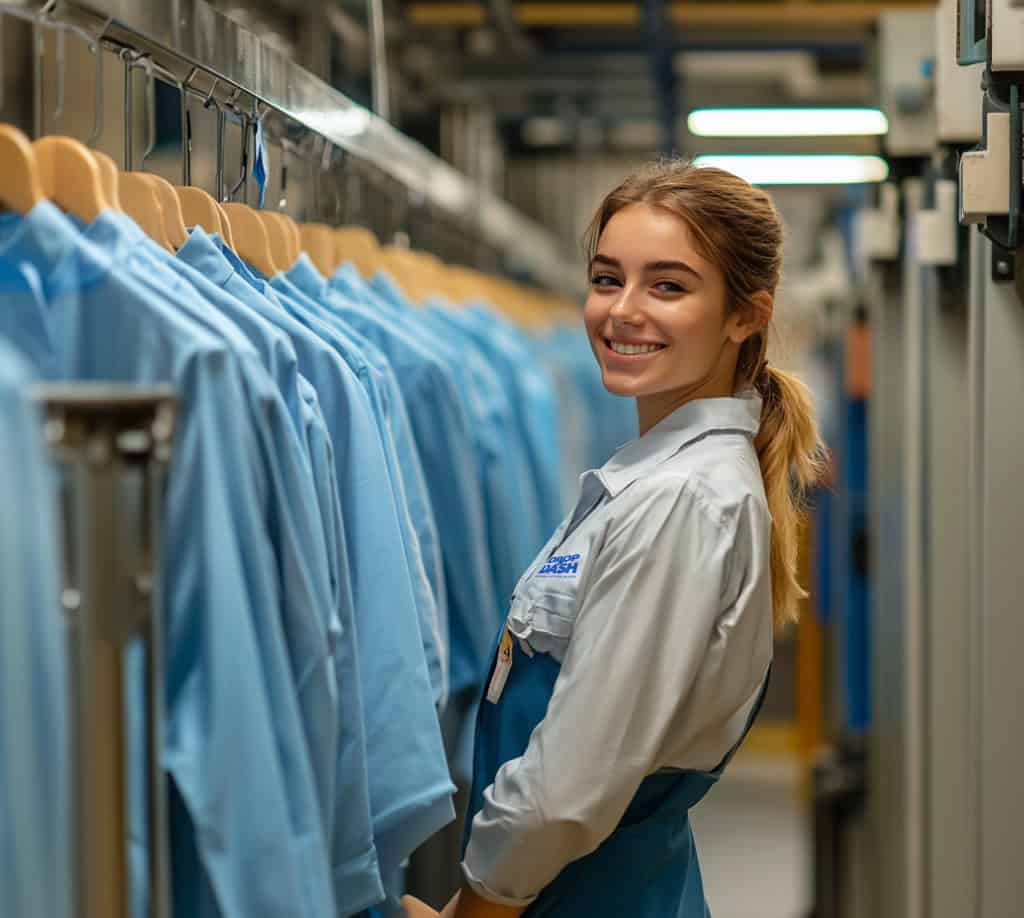 Smiling woman in laundry facility with uniforms.