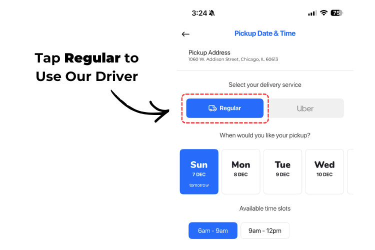 Drop & Dash app screen showing delivery service selection with Regular and Uber options