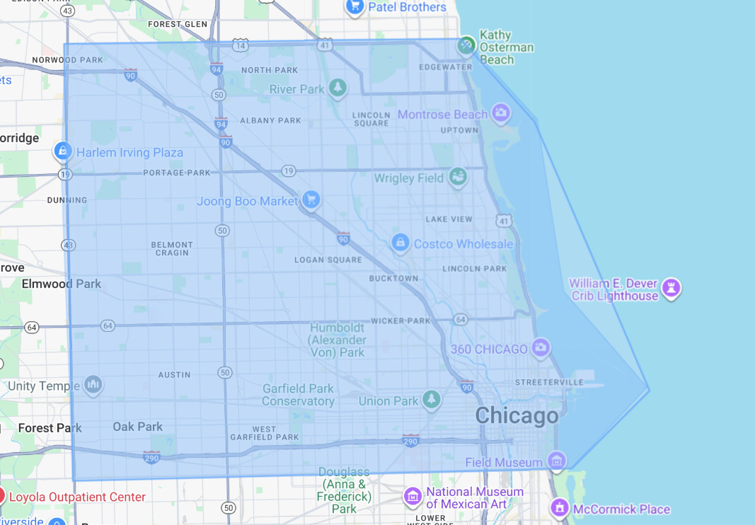 Map showing the Drop & Dash service area in Chicago