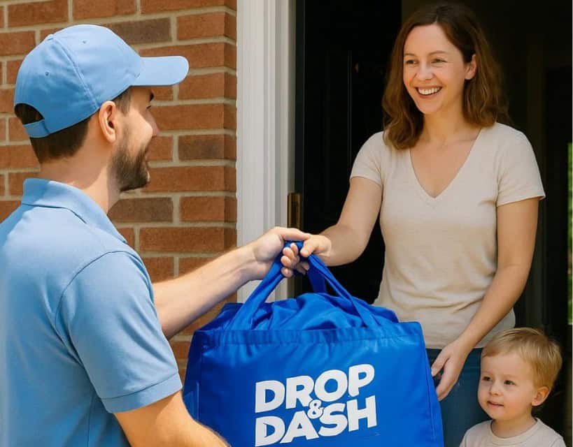 Drop & Dash laundry delivery driver handing a blue laundry bag to a smiling Chicago customer at her doorstep, showcasing convenient pickup and delivery laundry service.
