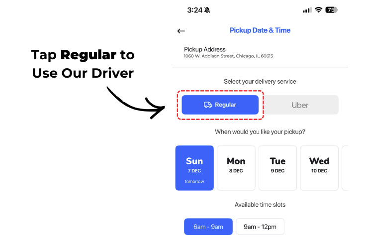 Screenshot showing the Drop & Dash app with the ‘Regular’ delivery option selected for pickup.
