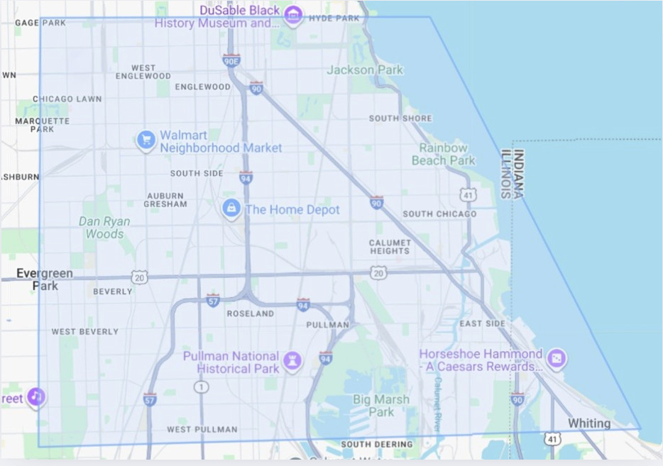 Map showing the Drop & Dash in-house delivery service area on Chicago’s South Side.