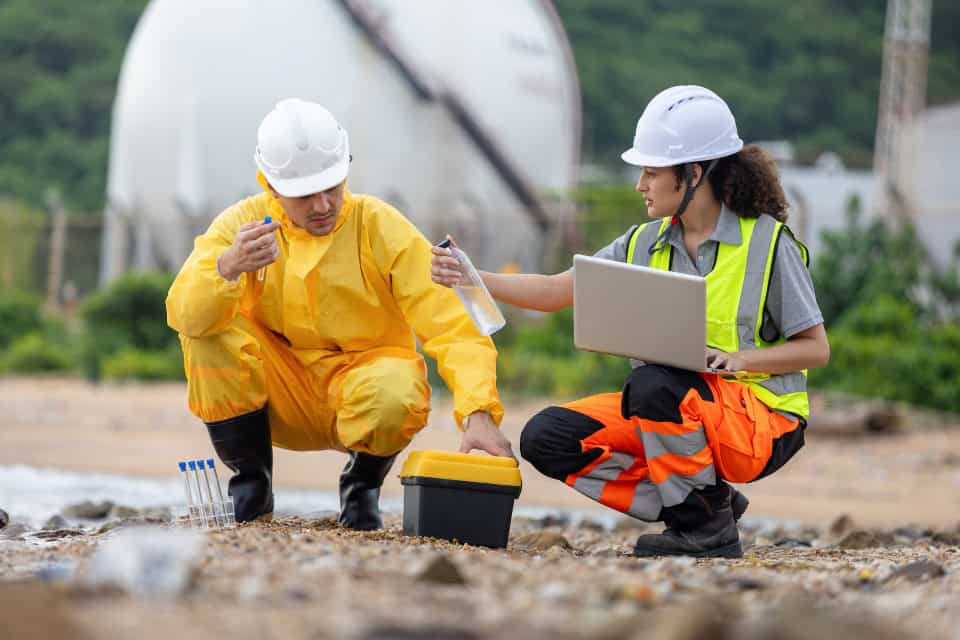 Two workers in protective uniforms and hard hats conducting environmental fieldwork, demonstrating the use of PPE and sustainable workwear.